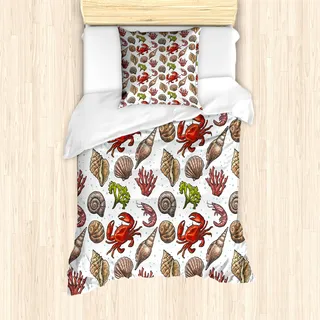 ABAKUHAUS Sea Shells Mantele, Maritime Garnelen, Milbensicher Allergiker geeignet mit Kissenbezügen, 135 cm x 200 cm - 80 x 80 cm, Mehrfarbig