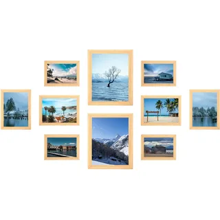 KAIWIN Set mit 10 Fotorahmen; Multi-Bilderrahmen; zwei 20 x 25 cm; vier 13 x 18 cm; vier 10 x 15 cm, Bilderrahmen Collage Eiche