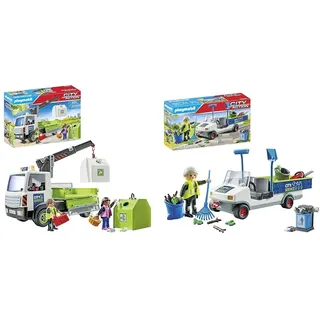 PLAYMOBIL City Action 71431 Altglas-LKW mit Container, Stadtreinigung & City Action 71433 Stadtreinigung mit E-Fahrzeug, Ladefläche für Müll, Müllwagen, Spielzeug für Kinder ab 4 Jahren