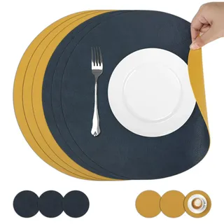 comfoyar Tischsets und Untersetzer Leder Rund 6er Set, Rutschfeste Doppelseitigen Platzsets Abwaschbar, Wasserdicht Platzdeckchen für Küche, Esszimmer Partytisch Dekoration (Blau Gelb 33cm)