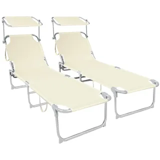 VOUNOT 2er Set Sonnenliege mit Dach, Klappbare Strandliege, Gartenliege Liegestuhl, Sonnendach und Rückenlehne Verstellbar, 190 x 58 x 27 cm, Beige