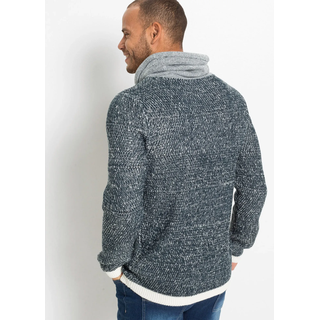 Strickpullover BONPRIX, Herren, Gr. 48/50 (M), blau (dunkelblau, wollweiß meliert), Strick, Obermaterial: 100% Polyacryl, meliert, regular fit normal, ohne Ausschnitt, Rippstrickbündchen, Pullover Strickpullover, aus Polyacryl, mit Schalkragen und Kordelzug, melierte Optik