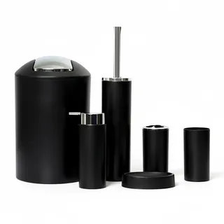 6tlg Badset Badezimmer Zubehör Set Organizer: Seifenspender, Zahnputzbecher, Kosmetikeimer, WC Bürste und Halter, Seifenschale, Mülleimer, Zahnbürstenhalter, Badgarnitur (Schwarz Design 2a)