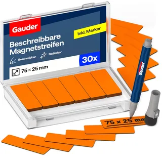 GAUDER Magnetetiketten beschreibbar - Wiederverwendbare Magnetschilder zum Beschriften für Whiteboard, Tafel, Kanban-Board und Kühlschrank - Magnetkarten mit Marker (30 Stück - 75 x 25 mm)