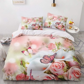 Luowei Bettwäsche 135x200cm 4 Teilig Rosa Rose&Schmetterling Blüten Bettbezug Set Weiche Microfaser Vintage Floral Blumen Bettbezug mit Reißverschluss und 2 Kopfkissenbezüge 80 x 80cm