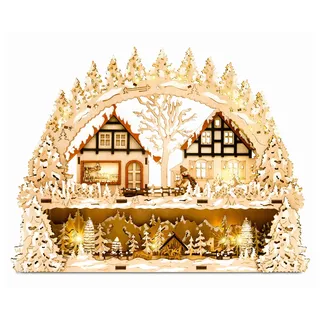 SIKORA LB65 Holz Schwibbogen beleuchteter LED Lichterbogen Motiv Winterdorf Waldszene Deko Weihnachten inkl. Netzteil Breite 43cm
