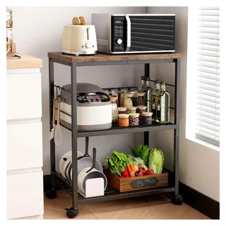 Metall Küchenregal mit Arbeitsfläche, 3-stufiger Servierwagen mit Rollen für Mini-Backofen und Mikrowelle, Metallrahmen, 210 lbs Tragkraft, Rollwagen für Küche, Wohnzimmer, Esszimmer