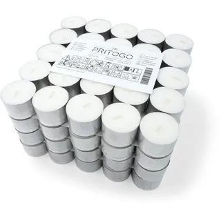 Pritogo Teelichter, Weiß Brenndauer: 8 Stunden 20 g Wachsgewicht (100 Stück), 25 x 38 mm, in Aluhülle, Rußfrei, Gastro, Hochzeit, Dekorieren, Feiern, Entspannen, Outdoor, Party