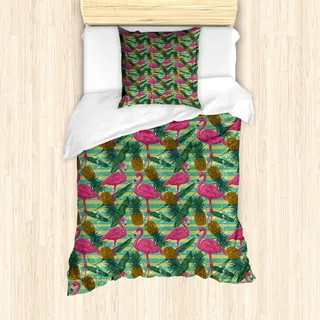 ABAKUHAUS Flamingo Mantele, Ananas Banana Leaf, Milbensicher Allergiker geeignet mit Kissenbezügen, 135 cm x 200 cm - 80 x 80 cm, Mehrfarbig