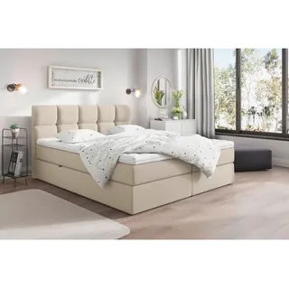 Livetastic Boxbett , Creme , Textil , H3 , Höhe ca. 19 cm , 200x220 cm , Bettkasten, gepolstertes Kopfteil, Topper durchgehend , Holzmöbel, Holzbetten, Boxspringbetten Holz
