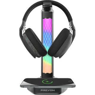 PREYON Heron Beak RGB Kopfhörerständer mit Qi Wireless Ladestation, Gaming Headset Halterung LED, 4-Port USB-Hub, Aluminium Tisch Organizer PC Zubehör - Schwarz