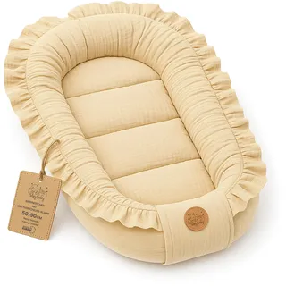 Babynestchen aus Musselin - weiches Nest für Neugeborene atmungsaktiv tragbar 50x90 cm - gemütlicher Kokon für Babybett Kinderbett Stubenwagen Reise und unterwegs Hellbeige