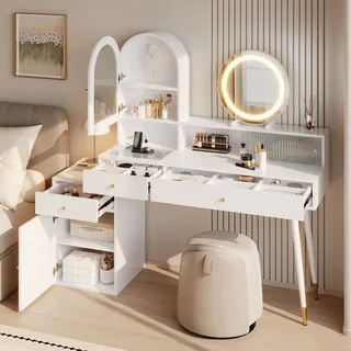 STILVORA Schminktisch mit LED-Spiegel mit Type-C & USB-Anschlüssen und Steckdosen, Kosmetiktisch L-Form mit Glasplatte, Schreibtisch flexibel Weiß - Weiß
