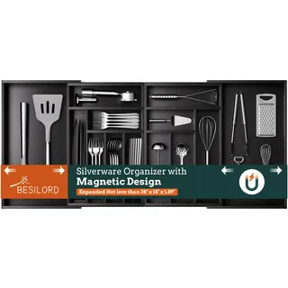 Besteck-Organizer, groß, magnetisch, erweiterbar, 13 Fächer, Besteck-Schubladen-Organizer von 53,3 bis 94,9 cm, verstellbarer Besteck- und Besteckhalter, Bambus-Utensilienablage für Küche, Schwarz