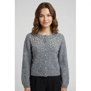 Strickjacke ONLY "ONLMIGGIE LS O-NECK PEARL CARDIGA EX KNT", Damen, Gr. S, medium grau melange detail:fmop, Strick, Obermaterial: 70% Polyester, 15% Nylon, 8% Polyacryl, 5% Wolle, 2% Elasthan, regular fit normal, Rundhals, Strickjacken Strickjacke, Materialmix, regular fit
