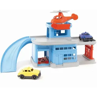 Green Toys 8601312 - Parkgarage mit Hubschrauber und 2 Autos, Parkhaus mit Zubehör, Spielset, 5-teilig