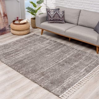 Carpet City Teppich Hochflor Wohnzimmer - Ethno Stil Meliert 100x300 cm Grau Creme - Teppiche mit Fransen