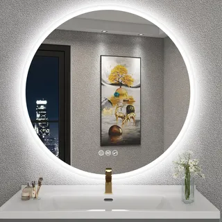 S'bagno Badspiegel mit Beleuchtung 80cm Diameter, Spiegel Rund mit Beleuchtung und Bluetooth, Entfoggen, 3000K/4000K/6500K, Dimmbar, IP44 Badezimmerspiegel mit Speicherfunktion, HD Hartglas