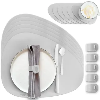 MIQIO Tischset aus Kunstleder - 18er Tisch- Untersetzer-Set - Leder Platzsets abwaschbar - 6 Platzsets, Glasuntersetzer, Serviettenringe | grau | stoneförmig