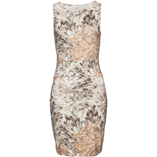Jerseykleid LASCANA "mit Blumendruck, figurbetontes Minikleid", Damen, Gr. 40, N-Gr, orange (apricot, taupe bedruckt), Jersey, Obermaterial: 95% Viskose, 5% Elasthan, bedruckt, figurbetont ca. Mitte Oberschenkel, Rundhals, Kleider Jerseykleid, Bedrucktes Sommerkleid, Etuikleid, Viskosekleid, Druckkleid