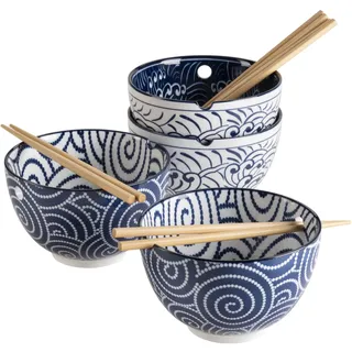 MÄSER, Serie Jurka, Bowl mit Essstäbchen für 4 Personen, asiatische Schale für Ramen, Pho und Nudel Bowls, Porzellan, Blau/Weiß