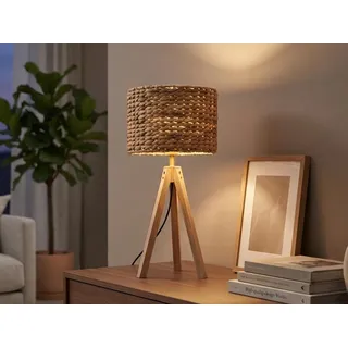 Große Boho Tischlampe mit Holz Dreibein & E27 Schirm Wasserhyazinthe, Höhe 57cm