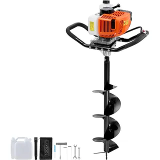 Vevor Erdbohrer mit Benzinmotor, 63 CC, 2400 W, Benzinbohrer mit 8-Zoll-Bohrkronen und 1 Verlängerungsstange, Lochbohrer für Pfostenzäune für Ackerland, Gartenpflanzen, Orange+Schwarz