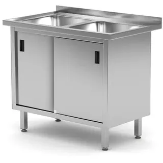HENDI Doppelspültisch mit Schrank, Schiebetüren, geschweißt, Verstellbare Füße, Beckengröße: 400x400x(H)250mm, Abfluss: ø50mm, Öffnung Wasserhähn: ø30mm, Aufkantung: 40mm, 1000x600x(H)850mm, Edelstahl
