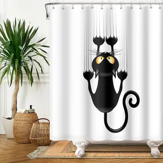 SDOTPMT 105x160cm Schwarz Katze mit Scharf Pfoten Duschvorhang Niedlich Komisch Katze Kätzchen Badevorhang Weiß Hintergrund Badewanne Vorhang Polyester für Badezimmer Badevorhang mit Haken