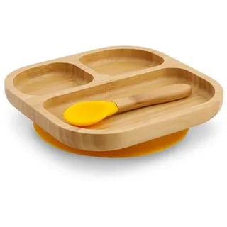 Greenbox Bambus-Set quadratisch FSC-zertifiziert - süßes Holz-Schüssel-Set für Kleinkinder & Snack-Schale - Kinder-Teller I Baby Geschirr eckig gelb