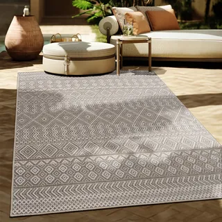 Outdoor Teppich Flachgewebe modern Boho Ethno wetterfest Außenbereich Grösse 80 cm Rund - Beige