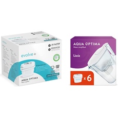 Aqua Optima Wasserfilterkartusche, Evolve+ 12er Pack (Vorrat für 12 Monate) & Liscia Wasserfilterkanne & 6 x 30 Day Evolve+ Wasserfilterkartuschen, 2,5 Liter Fassungsvermögen, weiß