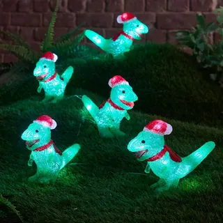 Festive Lights 5er Set LED Weihnachtsfigur aus Acryl Dinos weiße LEDs batteriebetrieben Beleuchtung mit Timer Dekoration Weihnachten Deko Außen (5er Set Dinos)