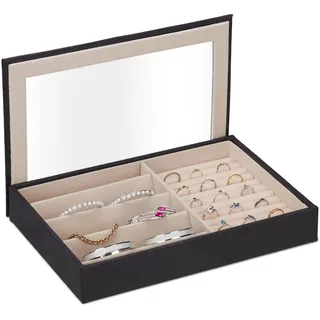 Relaxdays Schmuckkästchen, mit Sichtfenster, HxBxT: 5 x 30 x 21 cm, Ringhalter, schwarz