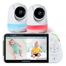Babysense 5,5 Zoll 1080p Full HD Split-Screen Baby Monitor, Video Babyphone mit Kamera und Audio, Zwei PTZ Kameras, RGB Nachtlicht, 300m Reichweite, Zwei-Wege-Audio, 4X Zoom, 5000mAh Akku