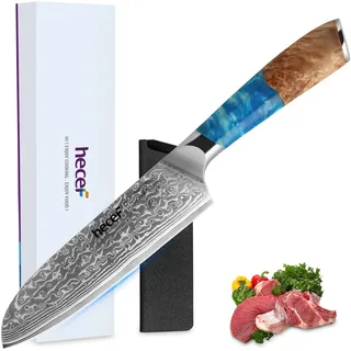 hecef Santokumesser Damast 18 cm, scharfes japanisches Messer mit ergonomischem Harzgriff, 67 Lagen Damaststahl, VG10-Kern, kochmesser profi messer mit Messerschutz für Köche und Kochbegeisterte
