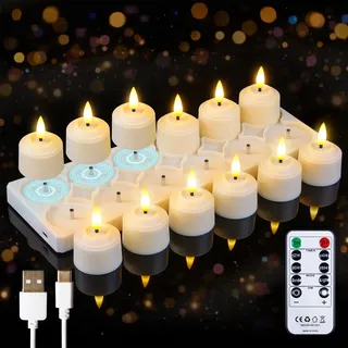 Vtobay Wiederaufladbares Set mit 12 LED-Kerzen mit Fernbedienung und Ladestation, Elfenbein Timerfunktion Flammenlose flackernde Kunststoff 4cm x5.5cm Teelichter (2,5 Std. Ladezeit, 100 Std. Laufzeit)