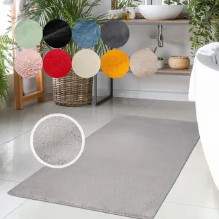 Carpet City Badematte »Topia Mats, Badteppich uni« Höhe 14 mm rutschhemmend beschichtet strapazierfähig Hochflor, Kaninchen Haptik, Polyester, Badezimmerteppich, waschbar, grau