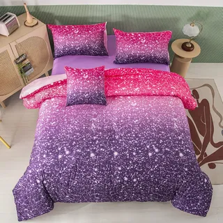 PERFEMET Bettwäscheset mit violettem Glitzer, für Doppelbett, 6-teilig, in Einer Tasche, für Teenager und Mädchen, 3D-Regenbogen-Bettwäsche-Set, ultraweich, Gesteppte Steppdecke