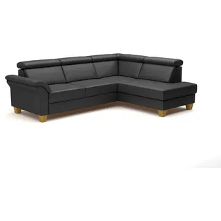 CAVADORE Leder-Ecksofa Ammerland mit Ottomane / Landhaus-Sofa mit Federkern + Kopfteilverstellung / 245 x 84 x 194 / Leder Schwarz