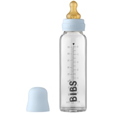 BIBS Baby Glass Bottle, Vermindert Koliken, Runder Sauger aus Naturkautschuklatex, Unterstützt das Stillen. Hergestellt in Dänemark, Complete Set - 225 ml, Baby Blue