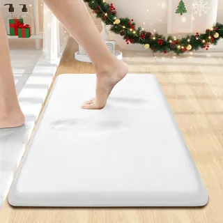 smiry Badematte aus Memory-Schaum, 61 x 40,6 cm, extra weich, saugfähig, Badezimmerteppich, Rutschfester Badteppich, Läufer für Dusche, Badezimmer, Böden, Weiß