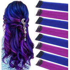 LVSHANGMAO 8 Stück farbige Haarverlängerungen, mehrfarbige Party-Highlights Clip in synthetische Haarverlängerungen 20 Zoll (Blau Lila)