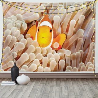ABAKUHAUS Ozean Wandteppich, Bali Indonesien Fische, Wohnzimmer Schlafzimmer Wandtuch Seidiges Satin Wandteppich, 150 x 100 cm, Orange Beige - Orange