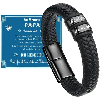 Gkmamrg Vatertagsgeschenk Papa Geschenk Vater - Geschenke für Papa - Gravur “Bester Papa” DAD Leder Armband Geschenk für Papa Vater (schwarz)