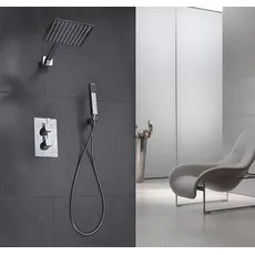 Duschsystem Unterputz von ELBE aus Edelstahl und Messing, mit Thermostat, Regendusche, Handbrause, Duschkopf 20 x 20 cm