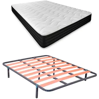 DUÉRMETE ONLINE Komplettes Bett mit wendbarer Taschen-Visko-Matratze (Winter/Sommer) + Lattenrost mit Beinen, legierter Stahl, Grau, 135 x 190 cm