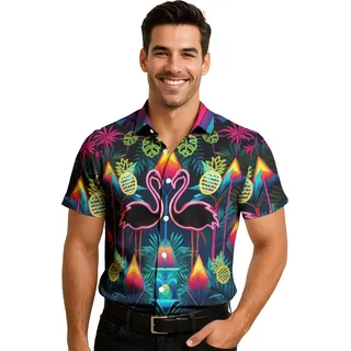 FIESTAS GUIRCA | Neon Flamingo Hawaii Hemd (52-54/L) - Partybekleidung für Herren - Ideal für Sommerfeiern, Graduierungen und Flamingo-Themenpartys - Multicolor