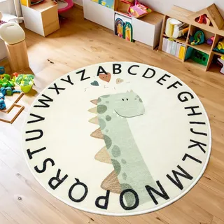 Tapis Design Kinderteppich Teppich Kinderzimmer Rund Kurzflor, rutschfest Waschbare Spielmatte für Jungen Mädchen Mit Tierbild, Grösse: 60 cm Rund, Farbe: Beige