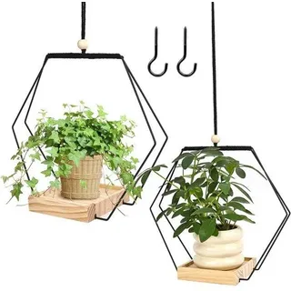 Rzspher 2er-Set hängender Innenblumenkörbe, hängende Pflanzgefäße mit Holzfuß, schwarze hängende Pflanztöpfe, inklusive Aufhängehaken für Zimmer- und Gartenpflanzen, Terrassen, Balkone, Sukkulenten und Dachterrassen - Schwarz